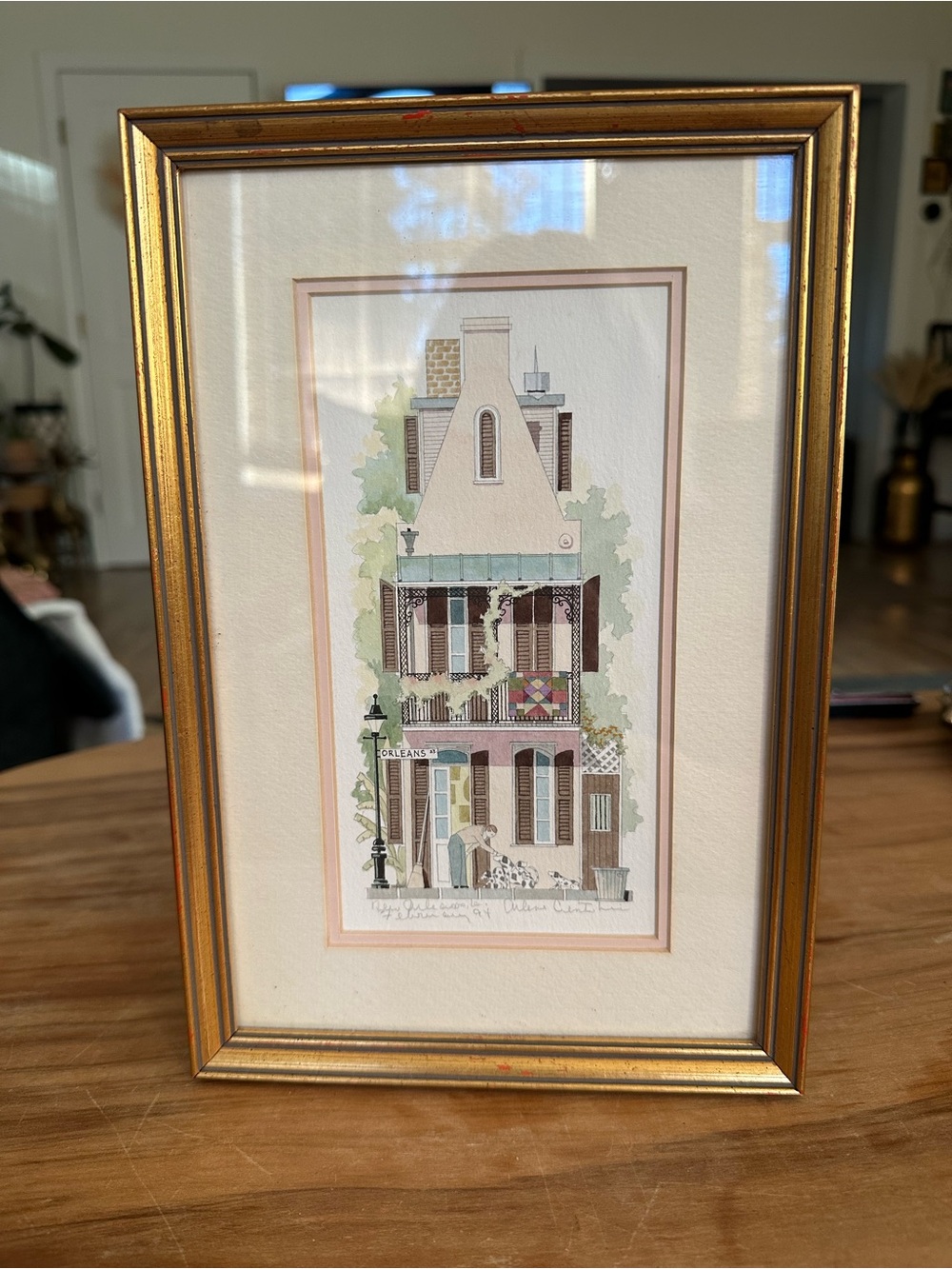 Framed Gold Home  New Orleans watercolor home dogs quilt 7x10.5 pink brown
